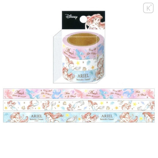 Japan Disney Washi Paper Masking Tape - Water Color Princess Mermaid Ariel 3 pcs Set - 1