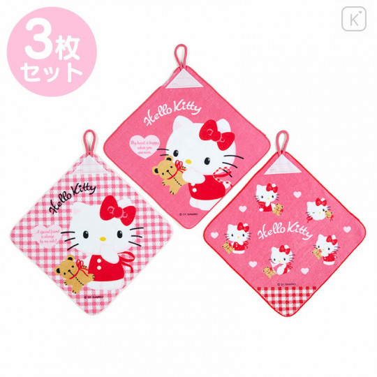 Japan Sanrio Hand Towel With Loop 3pcs Set - Hello Kitty / Bear - 1