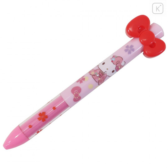 Japan Sanrio Two Color Mimi Pen - Hello Kitty / Ribbon Sakura - 1