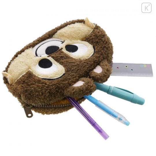 Japan Disney Makeup Pencil Bag Fluffy Pouch - Chip & Dale Face - 2