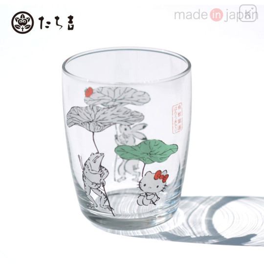 Japan Sanrio Tachikichi Choju Jinbutsu Giga Glass - Hello Kitty / Lotus Umbrella - 1