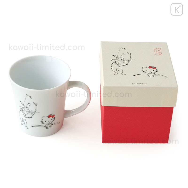 Japan Sanrio Tachikichi Choju Jinbutsu Giga Mug Hello Kitty Bow