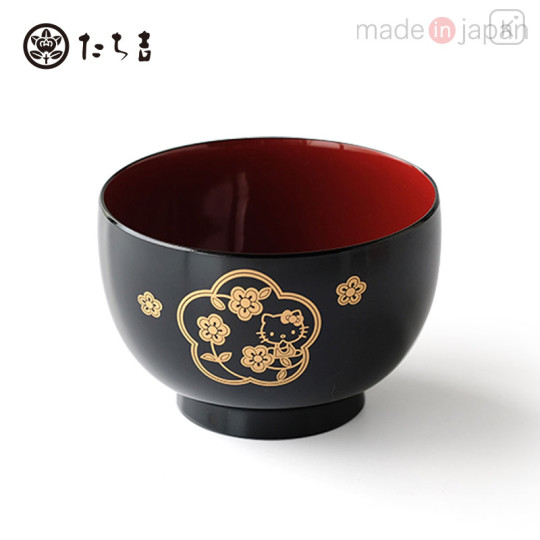 Japan Sanrio Tachikichi Flower Arabesque Lacquered Soup Bowl - Hello Kitty / Black - 1