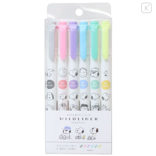 Japan Peanuts Zebra Mildliner Double-Sided Highlighter 6 Color Set - Snoopy & Charlie - 1