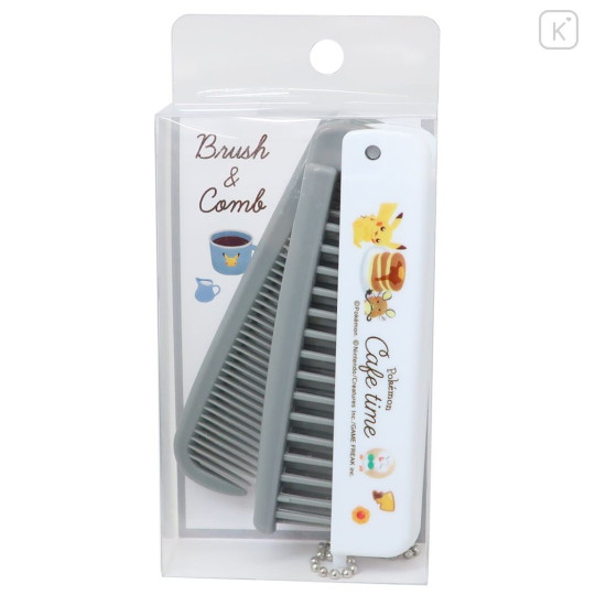 Japan Pokemon Folding Compact Comb & Brush - Cafe Time / Grey - 1