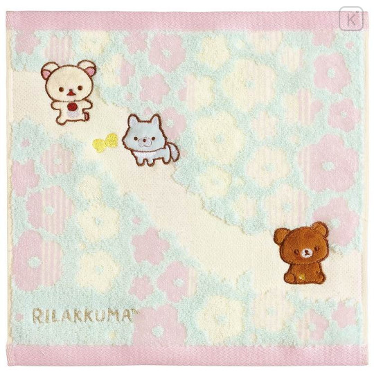 Japan San-X Mini Towel Embroidery Handkerchief - Rilakkuma / Smiling Happy For You Pink Garden - 1