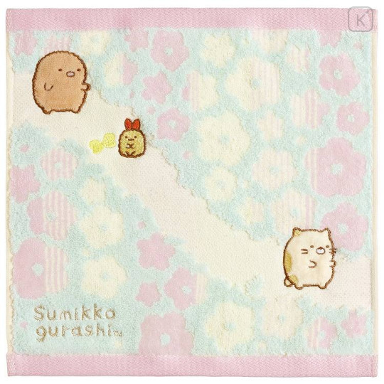 Japan San-X Mini Towel Embroidery Handkerchief - Sumikko Gurashi / Garden Blue Pink - 1