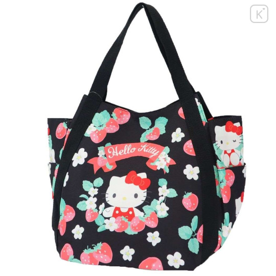 Japan Sanrio Triangle Tote Bag (L) - Hello Kitty / Strawberry Black - 1