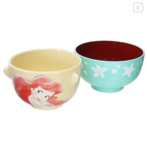 Japan Disney Ceramic Tea Bowl & Melamine Soup Bowl Set - Ariel / Watercolor - 2