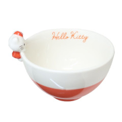 Japan Sanrio Ceramic Bowl with Nokkari Figure - Hello Kitty / Red & White