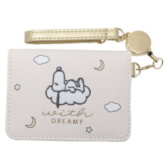 Japan Peanuts Fold Pass Case with Reel - Snoopy / Dreamy Beige