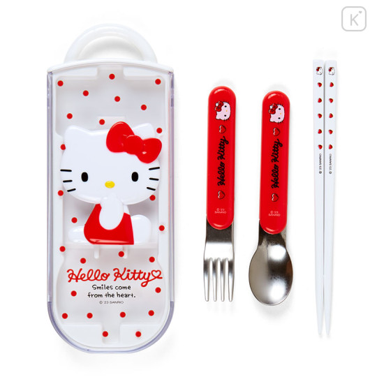 Japan Sanrio Original Bento Lunch Cutlery Set Spoon Fork Chopstick - Hello Kitty / Relief - 1