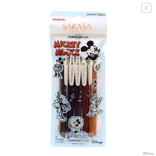 Japan Disney Sarasa Clip Gel Pen 5 Vintage Colors Set - Mickey & Friends - 1