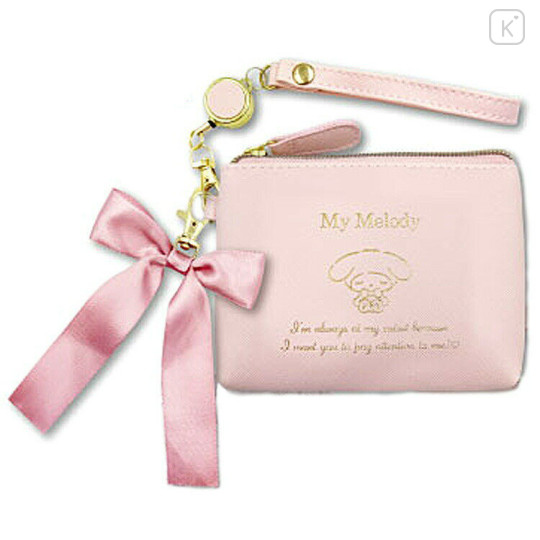 Japan Sanrio Reel Pass Case - My Melody / Pink & Gold Ribbon - 1