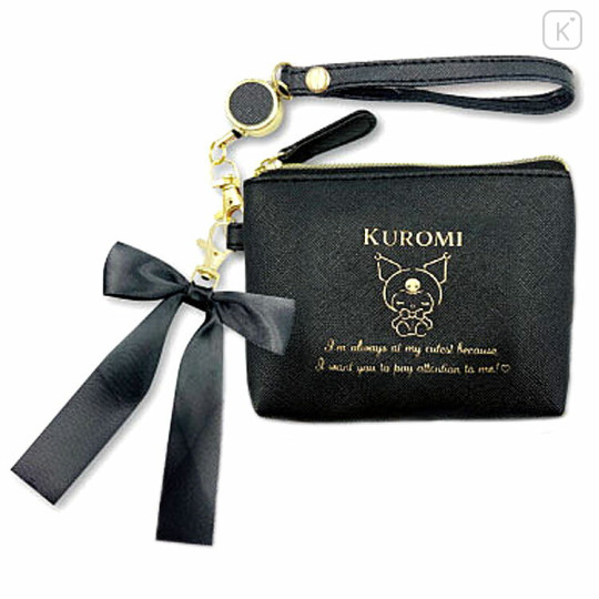Japan Sanrio Reel Pass Case - Kuromi / Black & Gold Ribbon - 1