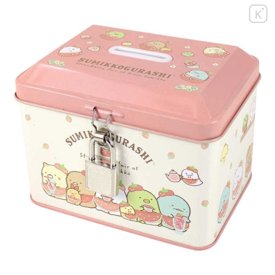 Japan San-X Can Piggy Bank with Lock Case - Sumikko Gurashi / Strawberry - 1