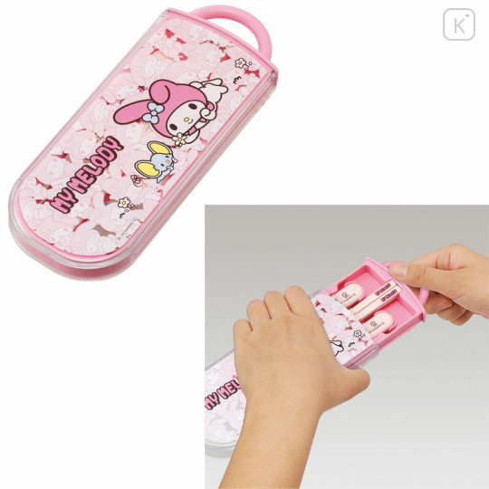 Japan Sanrio Bento Lunch Cutlery Set Spoon Fork Chopstick - My Melody / Pink Flower Field - 2