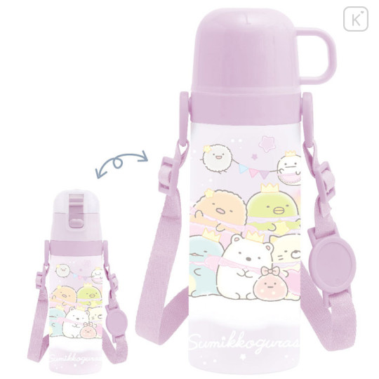 Japan San-X Kids One-Touch Water Bottle With Strap Cup 470ml - Sumikko Gurashi - 1
