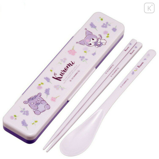 Japan Sanrio Chopsticks 18cm & Spoon with Case - Kuromi / Purple Flora - 1