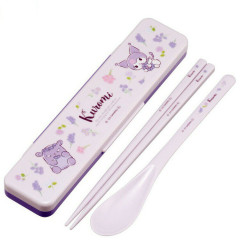 Japan Sanrio Chopsticks 18cm & Spoon with Case - Kuromi / Purple Flora
