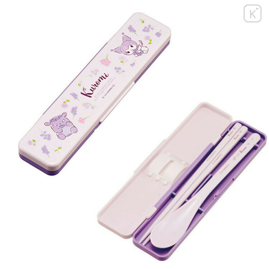 Japan Sanrio Chopsticks 18cm & Spoon with Case - Kuromi / Purple Flora - 2