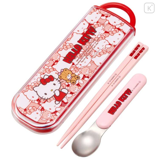 Japan Sanrio Chopsticks 16.5cm & Spoon with Case - Hello Kitty / Bear - 1