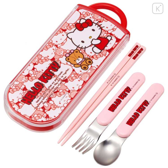 Japan Sanrio Chopsticks 16.5cm & Spoon & Fork with Case - Hello Kitty / Bear - 1