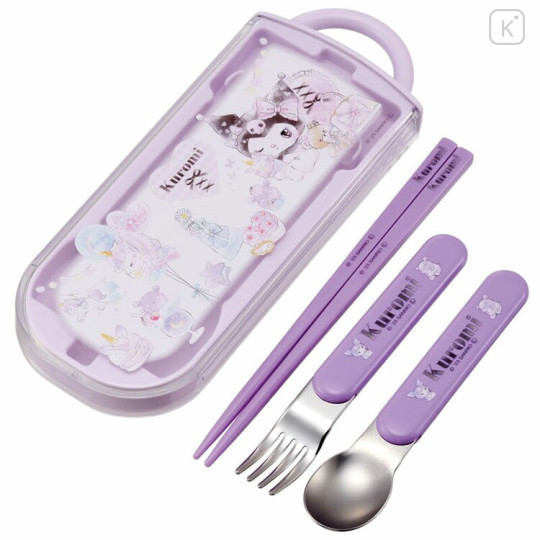 Japan Sanrio Chopsticks 16.5cm & Spoon & Fork with Case - Kuromi / Unicorn Party - 1