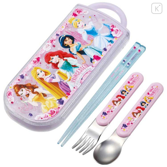 Japan Disney Chopsticks 16.5cm & Spoon & Fork with Case - Princess Party - 1