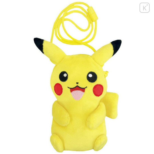 Japan Pokemon Plush Pouch Pochette & Neck Strap - Pikachu - 1