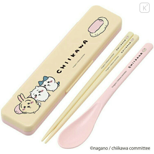 Japan Chiikawa Chopsticks 18cm & Spoon with Case - Light Yellow / Pink - 1