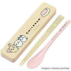 Japan Chiikawa Chopsticks 18cm & Spoon with Case - Light Yellow / Pink