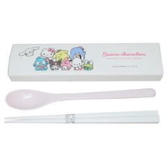 Japan Sanrio Chopsticks 18cm & Spoon with Case - Characters / White