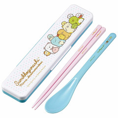Japan San-X Chopsticks 18cm & Spoon with Case - Sumikko Gurashi / Blue & Pink