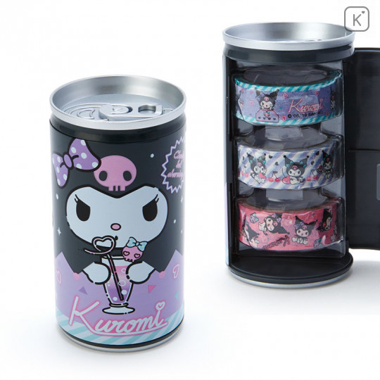 Japan Sanrio Washi Masking Tape 3 Rolls Set Can - Kuromi - 1