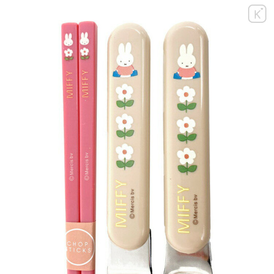 Japan Miffy Chopsticks 16.5cm & Spoon with Case - Pink / Flora - 3