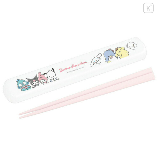 Japan Sanrio 19.5cm Chopsticks with Case - Characters / White & Pink - 1