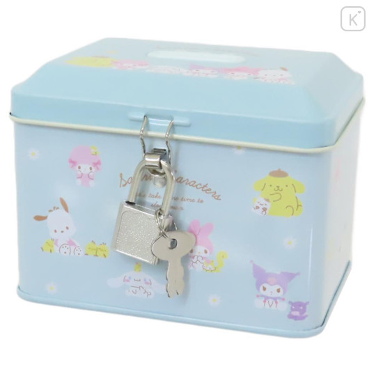 Japan Sanrio Can Piggy Bank with Lock Case - Characters / Light Blue Daisy - 1