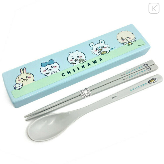 Japan Chiikawa 18cm Chopsticks & Spoon with Case - Blue & Grey - 1