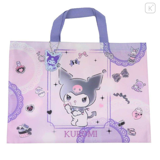 Japan Sanrio Lesson Tote Bag & Name Tag - Kuromi : Purple Pink & Ribbon - 1