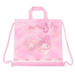 Japan Sanrio Gym Sack Drawstring Backpack & Name Tag - My Melody & Sweet Piano / Pink & Ribbon