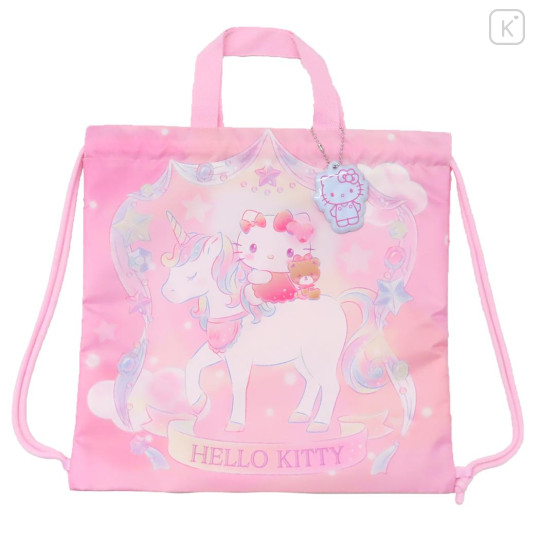 Japan Sanrio Knapsack Bag & Name Tag - Hello Kitty & Unicorn / Pink & Ribbon - 1