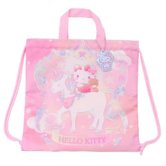 Japan Sanrio Gym Sack Drawstring Backpack & Name Tag - Hello Kitty & Unicorn / Pink & Ribbon