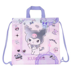 Japan Sanrio Gym Sack Drawstring Backpack & Name Tag - Kuromi : Purple Pink & Ribbon