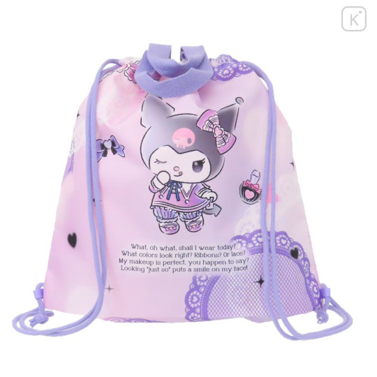 Japan Sanrio Gym Sack Drawstring Backpack & Name Tag - Kuromi : Purple Pink & Ribbon - 2