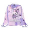 Japan Sanrio Gym Sack Drawstring Backpack & Name Tag - Kuromi : Purple Pink & Ribbon - 2