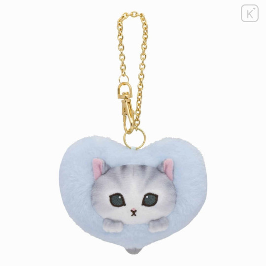 Japan Mofusand Fluffy Heart & Gold Keychain - Cat / Blue - 1