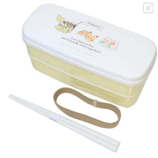 Japan Pokemon 2 Tier Bento Lunch Box with Chopsticks 640ml - Pikachu / Enjoy Tea Time - 1