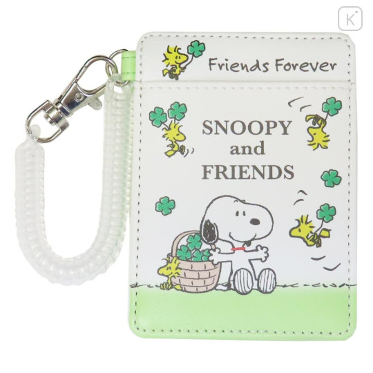 Japan Peanuts Pass Case Card Holder with Coil - Snoopy & Woodstock / Friends Forever Green - 1