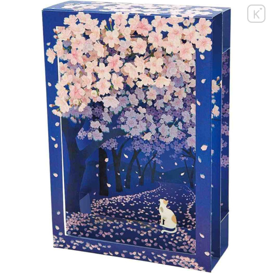Japan Famous Scenery 3D Greeting Card - Cat & Sakura Cherry Blossom / Night - 1